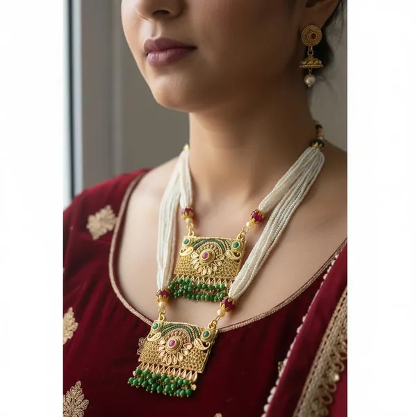 Gold_Plated_Double_Layered_Rani_Haar_Necklace_Set_|_Floral_Meenakari_Design_With_Green_Bead_Clusters_|_Adjustable_Traditional_Bridal_Jewelry_|_Ethnic_Wedding_(Gold_Green)
