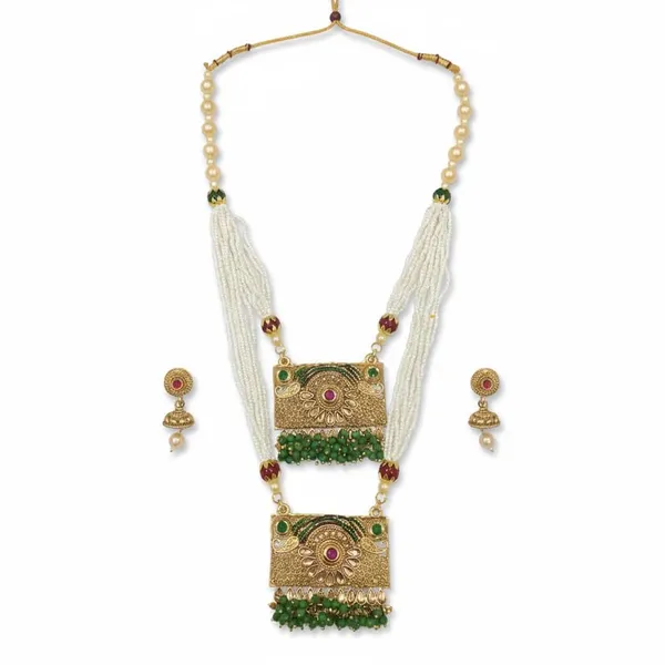 Gold_Plated_Double_Layered_Rani_Haar_Necklace_Set_|_Floral_Meenakari_Design_With_Green_Bead_Clusters_|_Adjustable_Traditional_Bridal_Jewelry_|_Ethnic_Wedding_(Gold_Green)
