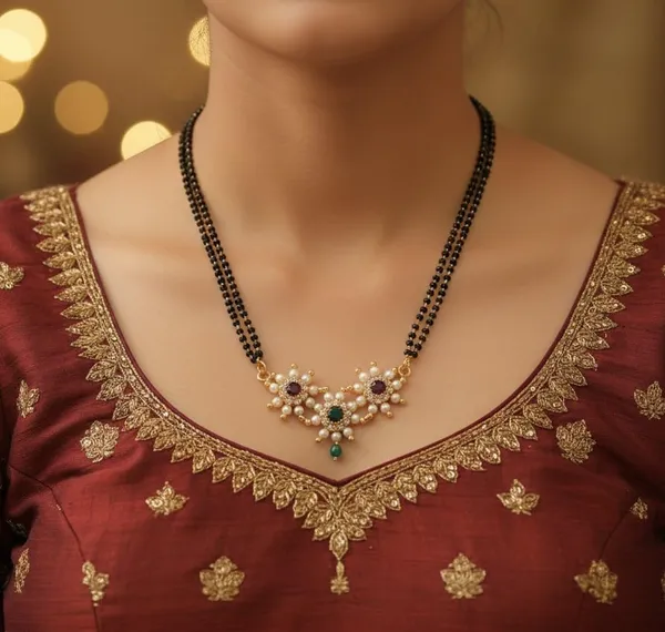 Double_Line_Black_Bead_Mangalsutra_Set_With_Stone_Floral_Pendant_And_Matching_Earrings_For_Women
