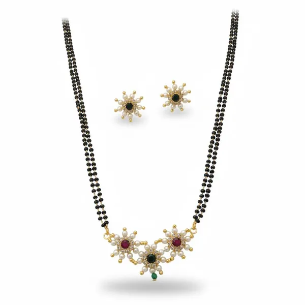 Double_Line_Black_Bead_Mangalsutra_Set_With_Stone_Floral_Pendant_And_Matching_Earrings_For_Women