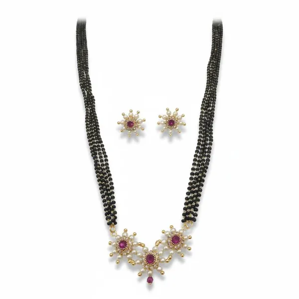 Traditional_4_Line_Black_Bead_Mala_Mangalsutra_Set_With_Stone_Floral_Pendant_And_Matching_Earrings_For_Women