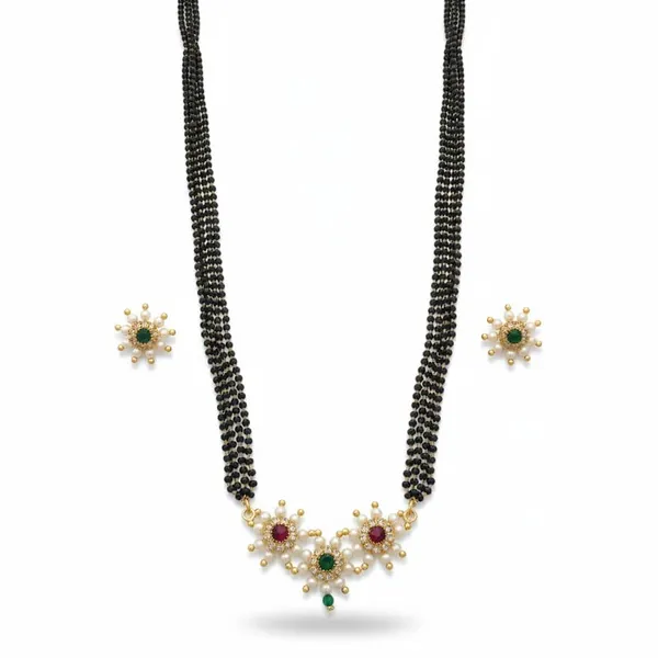 Traditional_4_Line_Black_Bead_Mangalsutra_Set_With_Floral_Stone_Pendant_&_Matching_Earrings_For_Women