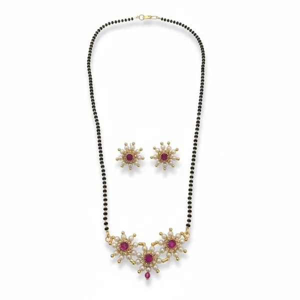 Designer_Single_Line_Black_Bead_Mangalsutra_Set_With_Floral_Stone_Pendant_&_Matching_Earrings_For_Women