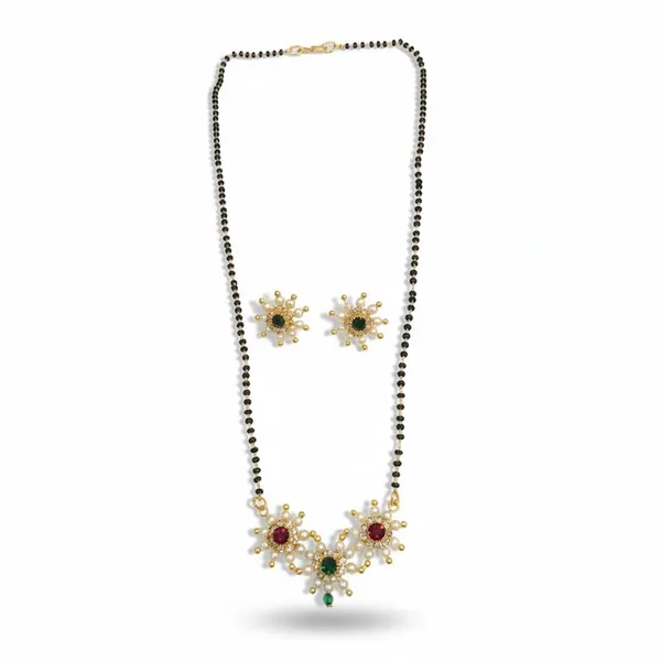 Single_Line_Designer_Black_Bead_Mangalsutra_Set_With_Multicolor_Floral_Pendant_&_Earrings_For_Women