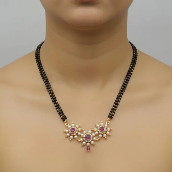 Elegant_Black_Bead_Mangalsutra_Set_With_Fancy_Moti_Floral_Pendant_&_Matching_Earrings_For_Women_&_Girls