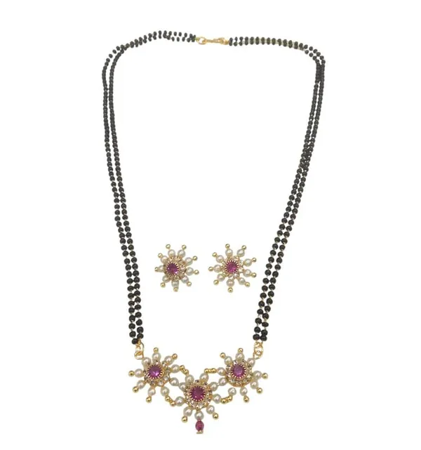 Elegant_Black_Bead_Mangalsutra_Set_With_Fancy_Moti_Floral_Pendant_&_Matching_Earrings_For_Women_&_Girls