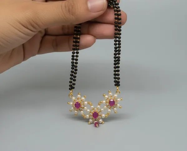 Long_Double_Line_Black_Bead_Mangalsutra_Set_With_Floral_Stone_&_Pink_Stone_Pendant_For_Women