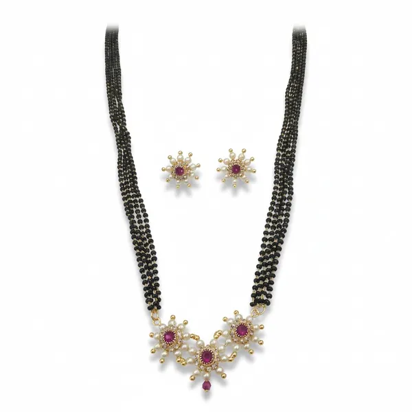 Traditional_4_Line_Black_Bead_Mala_Mangalsutra_Set_With_Stone_Floral_Pendant_And_Matching_Earrings_For_Women