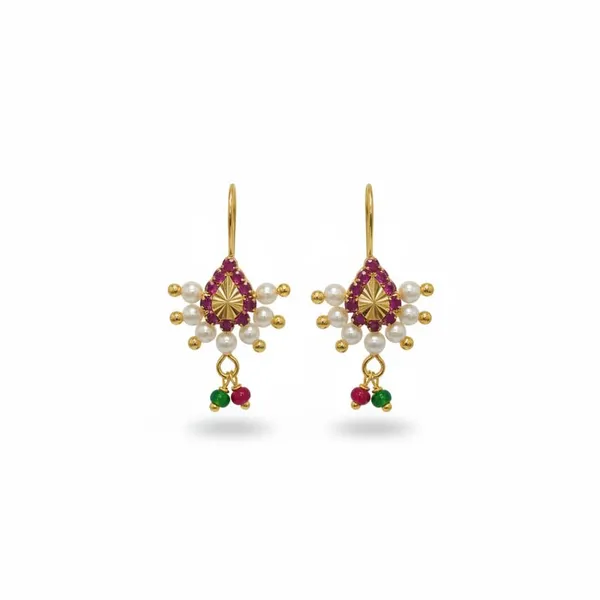 Gold_Plated_Maharashtrian_Pressing_Bugadi_Earrings_|_Flower_Design_Red_Green_Stones_Bugadi_For_Women
