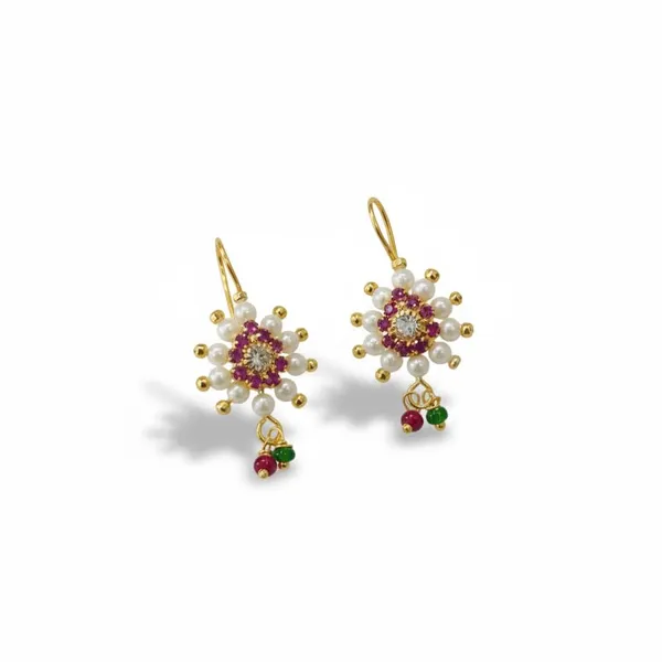 Gold_Plated_Maharashtrian_Pressing_Bugadi_Earrings_|_Flower_Design_Red_Stone_Green_Drop_Bugadi_For_Women