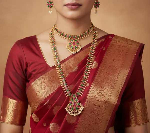 South_Indian_Style_Gold_Plated_Necklace_Set_|_Traditional_Ethnic_Jewelry_With_Earrings_For_Women_And_Girls