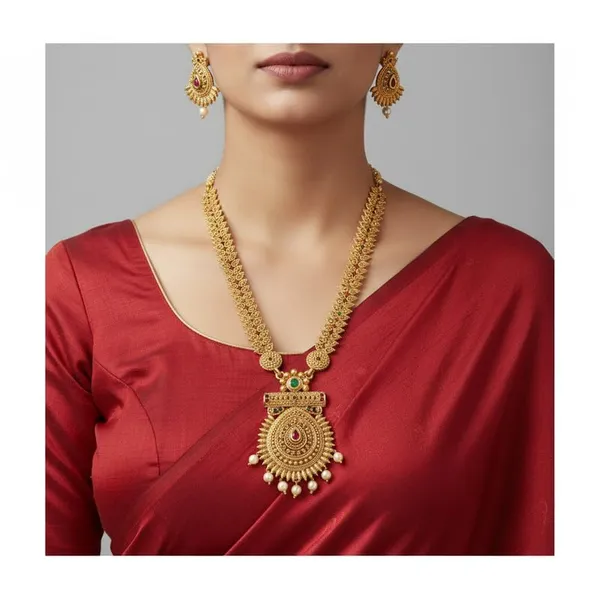 Temple_Style_Gold_Plated_Necklace_Set_|_Long_Traditional_Necklace_With_Matching_Earrings_|_Ethnic_Jewelry_For_Women