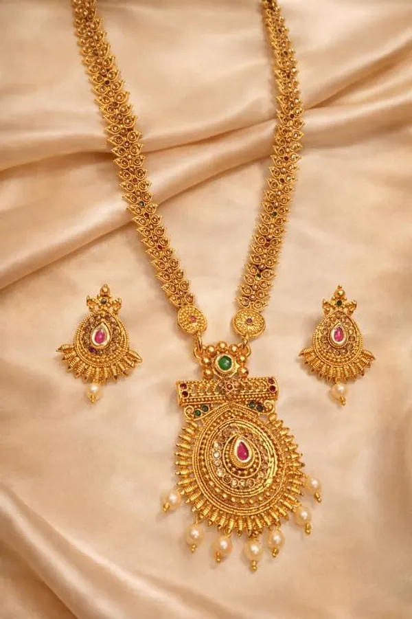 Temple_Style_Gold_Plated_Necklace_Set_|_Long_Traditional_Necklace_With_Matching_Earrings_|_Ethnic_Jewelry_For_Women