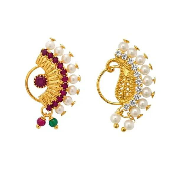 Gold_Plated_Maharashtrian_Nath,_Non_Piercing_Nose_Ring,_Brass_With_Multicolor_Cubic_Zirconia_Stones,_Traditional_Design,_2_Pieces