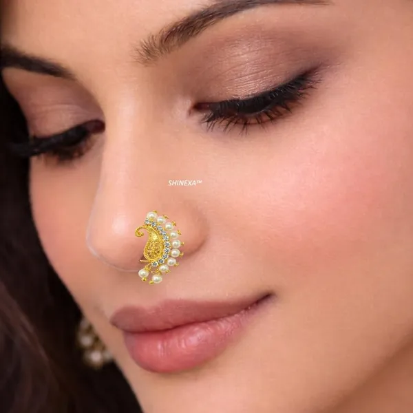 Gold_Plated_Maharashtrian_Nath_Nathiya_Non_Piercing_Nose_Ring_With_Pearl,_Alloy,_Artificial_Stone_Cz,_Combo