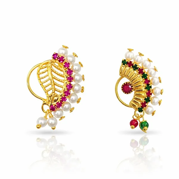 Combo_Of_2_Traditional_Maharashtrian_Nath_Pink_&_Multicolor_Stone_Gold_Plated_With_Piercing_Nose_Ring_Pin_For_Women