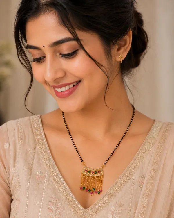 Mangalsutra_Pendant_Necklace,_Gold_Plated_Brass,_Floral_Design,_Multicolour_Stones,_Lobster_Claw_Clasp,_For_Women