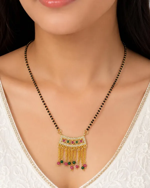 Mangalsutra_Pendant_Necklace,_Gold_Plated_Brass,_Floral_Design,_Multicolour_Stones,_Lobster_Claw_Clasp,_For_Women