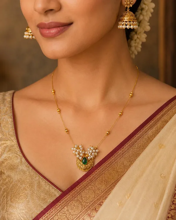 Invisible_Necklace_For_Women|Gold_Plated_Green_Stone_Chandrakor_Floral_Pendant_Necklace_For_Girls_&_Women