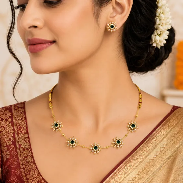 Gold_Plated_Green_Floral_Necklace_Set_For_Women_&_Girls_|_Traditional_Maharashtrian_Style_Necklace_With_Matching_Earrings_|_Pearl_&_Green_Stone_Design_|_Ethnic_Jewellery_For_Wedding,_Festive_&_Daily_Wear