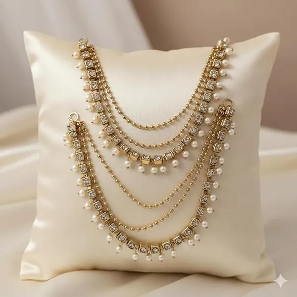 Brass_copper_Gold_Plated_three_layer_long_bridal_wedding_moti_ear_chain_Champaswaralu_earchains_Pearl_Ear_Chains_for_Hair_heavy_Jhumka_Jhumki_Traditional_Earrings_for_women_girls