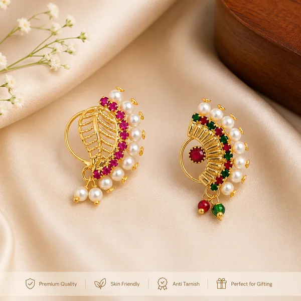 Combo_Of_2_Traditional_Maharashtrian_Nath_Pink_&_Multicolor_Stone_Gold_Plated_With_Piercing_Nose_Ring_Pin_For_Women