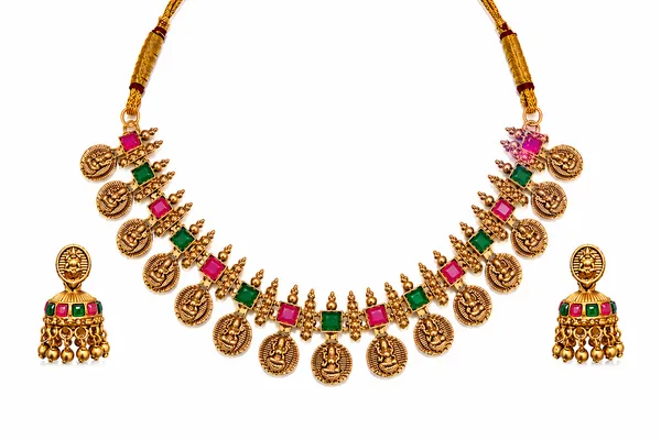 Gold_Plated_Temple_Coin_Necklace_Set_with_Multicolor_Stones_&_Jhumka_Earrings