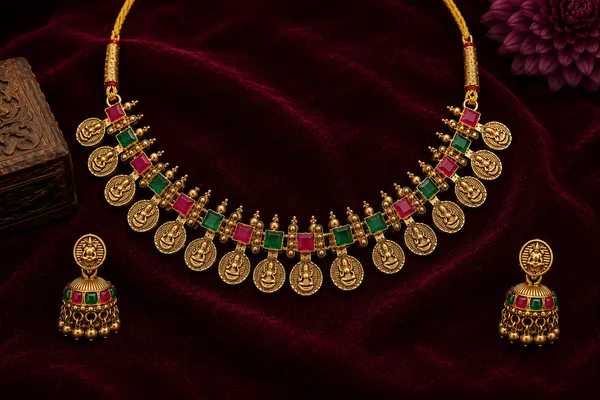 Gold_Plated_Temple_Coin_Necklace_Set_with_Multicolor_Stones_&_Jhumka_Earrings