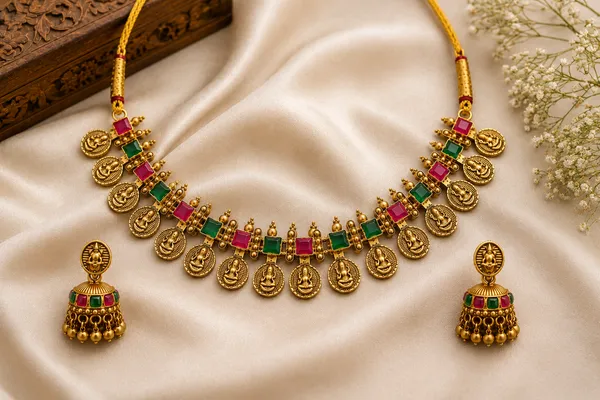 Gold_Plated_Temple_Coin_Necklace_Set_with_Multicolor_Stones_&_Jhumka_Earrings