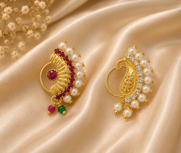Gold_Plated_Maharashtrian_Nath,_Non_Piercing_Nose_Ring,_Brass_With_Multicolor_Cubic_Zirconia_Stones,_Traditional_Design,_2_Pieces