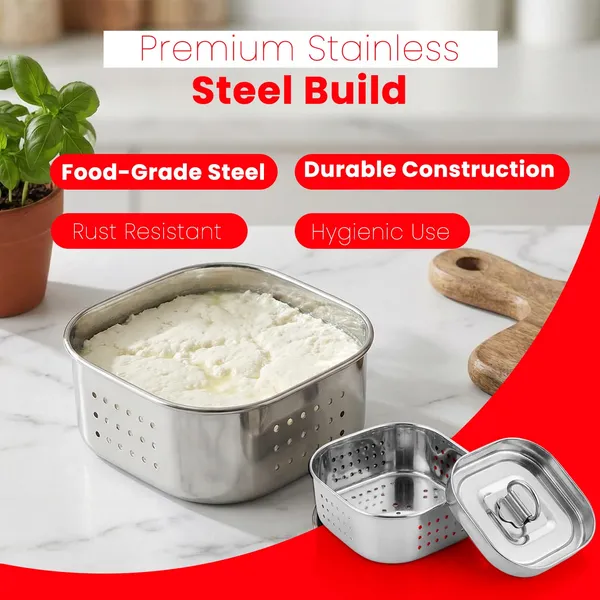 Stainless_Steel_Paneer_Maker_350_ML_|_Square_Paneer_Mould_Press_with_Lid_&_Whey_Separator_|_12x12x4.5_cm_Paneer/Tofu_Press_for_Homemade_Cheese_Making_Kitchen