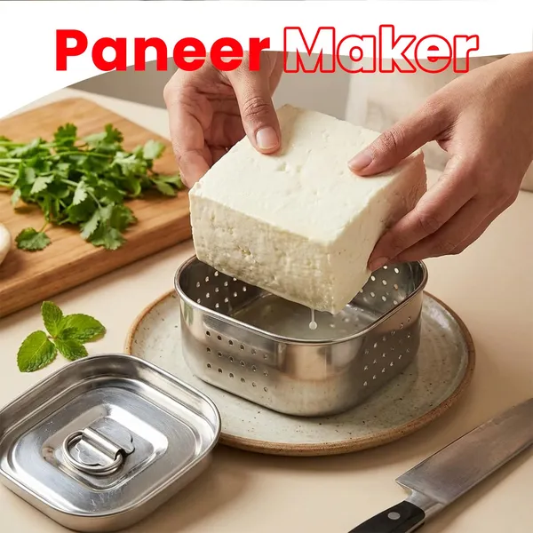 Stainless_Steel_Paneer_Maker_350_ML_|_Square_Paneer_Mould_Press_with_Lid_&_Whey_Separator_|_12x12x4.5_cm_Paneer/Tofu_Press_for_Homemade_Cheese_Making_Kitchen