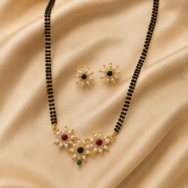 Double_Line_Black_Bead_Mangalsutra_Set_With_Stone_Floral_Pendant_And_Matching_Earrings_For_Women
