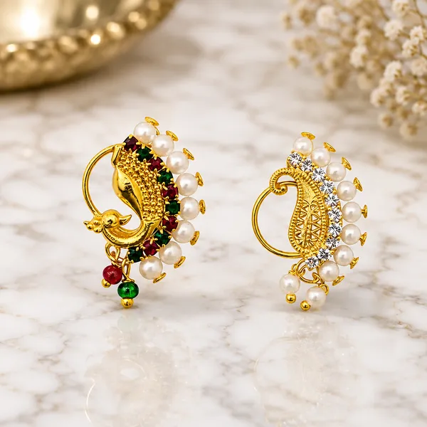 Gold_Plated_Maharashtrian_Nath_Nathiya_Non_Piercing_Nose_Ring_With_Pearl,_Alloy,_Artificial_Stone_Cz,