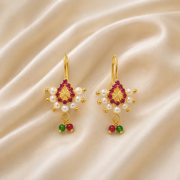 Gold_Plated_Maharashtrian_Pressing_Bugadi_Earrings_|_Flower_Design_Red_Green_Stones_Bugadi_For_Women