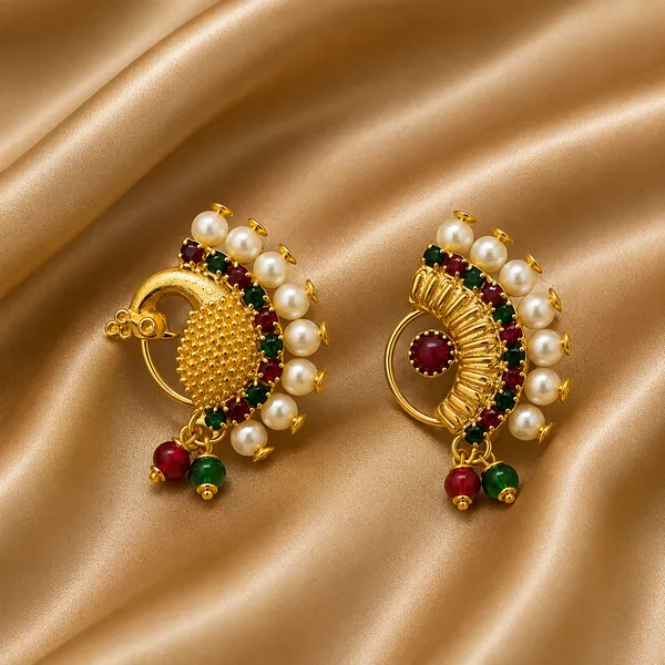 Traditional_Maharashtrian_Nose_Ring_For_Women,_Clip_On,_Gold_Plated,_Pearl,_Without_Piercing,