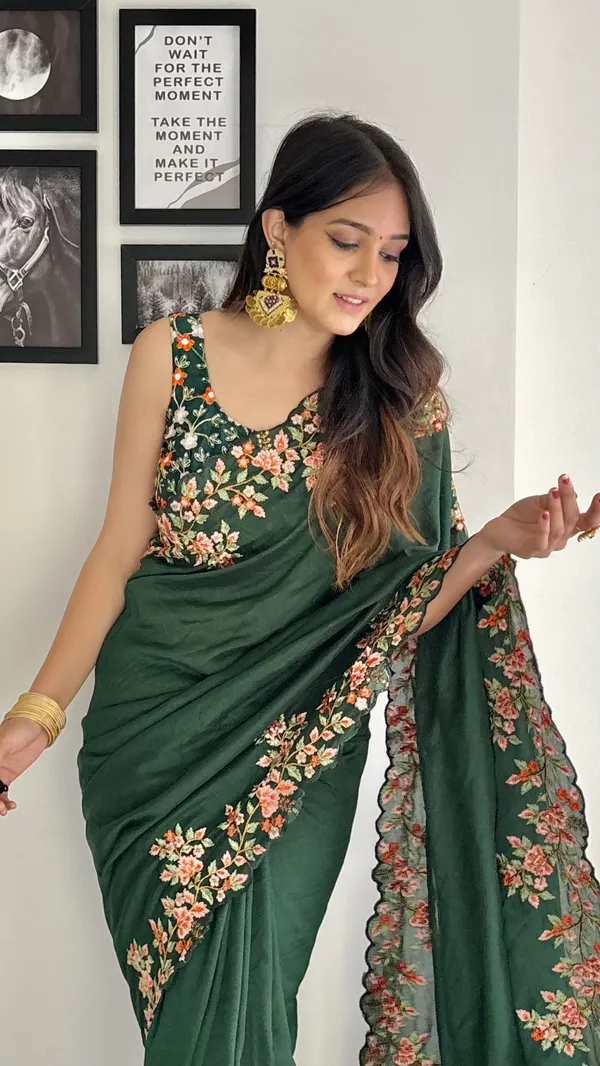 Designer_Green_Vishitra_Silk_Heavy_Embroidery_Sequins_Work_Border_Saree_Blouse_Collcetion