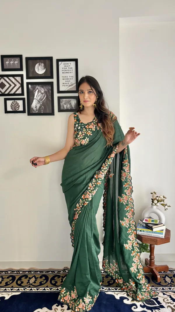 Designer_Green_Vishitra_Silk_Heavy_Embroidery_Sequins_Work_Border_Saree_Blouse_Collcetion