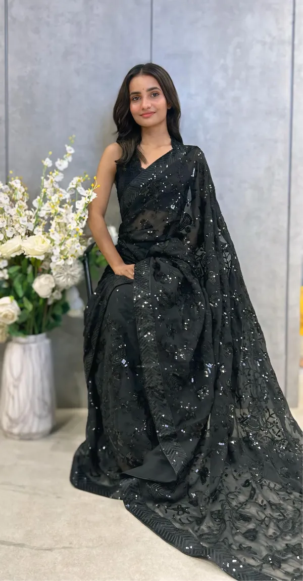 Black_Saree_Georgette_Beautiful_Sequin_Embroidery_Work_Wedding_Bridal_Saree_Blouse