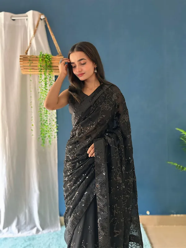 Black_Saree_Georgette_Beautiful_Sequin_Embroidery_Work_Wedding_Bridal_Saree_Blouse
