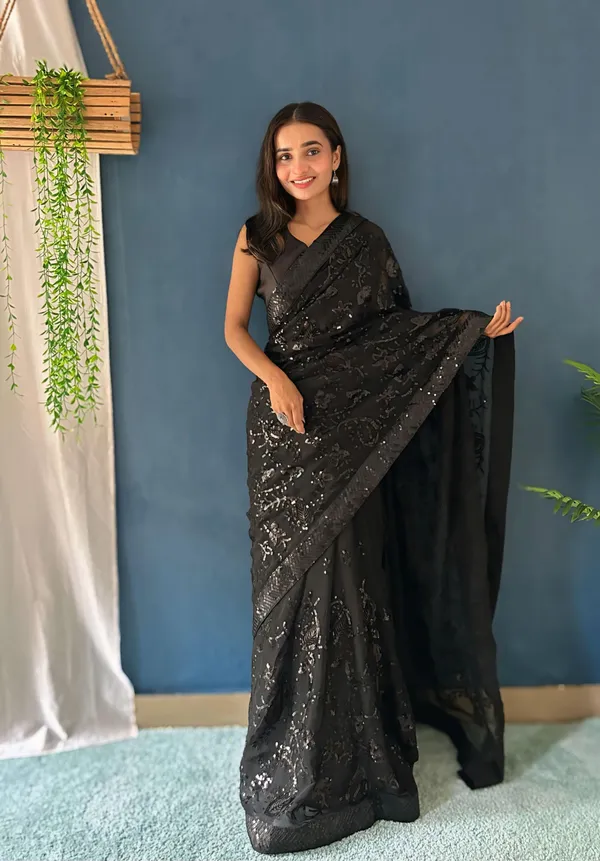 Black_Saree_Georgette_Beautiful_Sequin_Embroidery_Work_Wedding_Bridal_Saree_Blouse