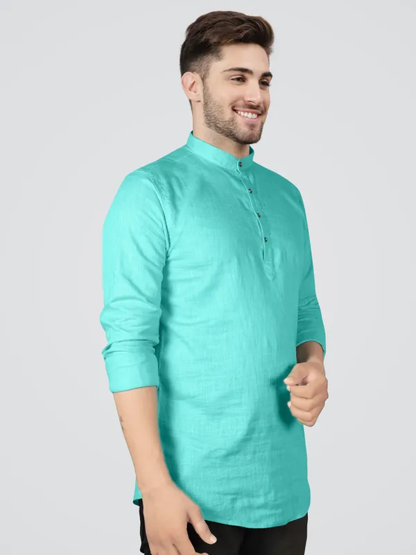 Men's_Blue_Cotton_Full_Sleeve_Short_Kurta_Shirt_with_Mandarin_Collar