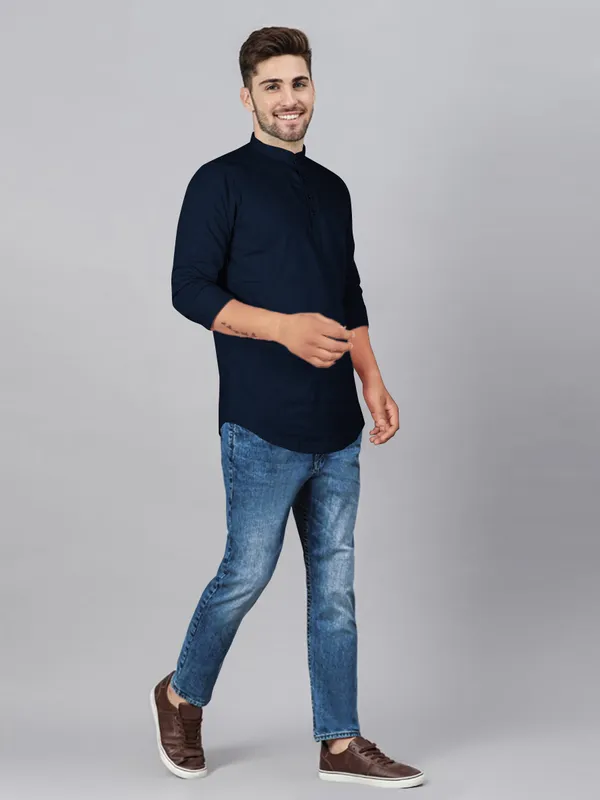 Men's_Navy_Cotton_Full_Sleeve_Short_Kurta_Shirt_with_Mandarin_Collar