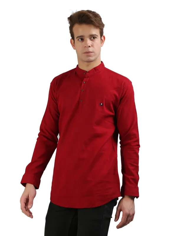 Men's_Maroon_Cotton_Full_Sleeve_Short_Kurta_Shirt_with_Mandarin_Collar