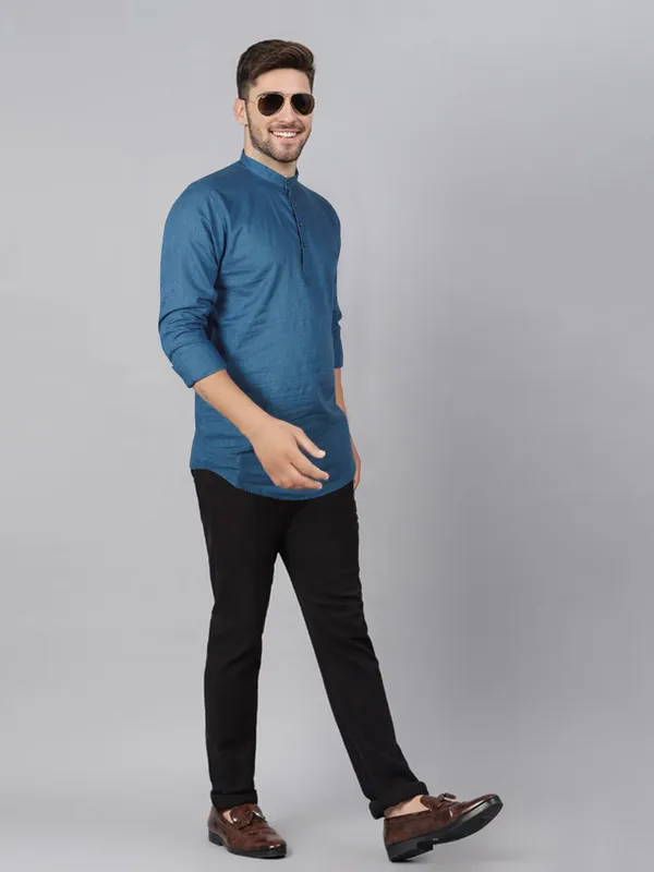 Men's_Blue_Cotton_Full_Sleeve_Short_Kurta_Shirt_with_Mandarin_Collar