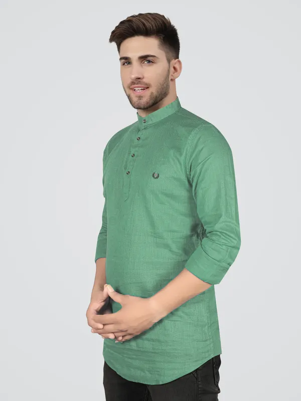 Men's_Green_Cotton_Full_Sleeve_Short_Kurta_Shirt_with_Mandarin_Collar
