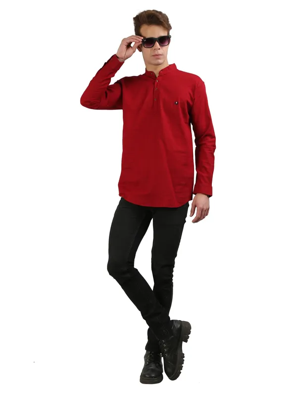 Men's_Maroon_Cotton_Full_Sleeve_Short_Kurta_Shirt_with_Mandarin_Collar