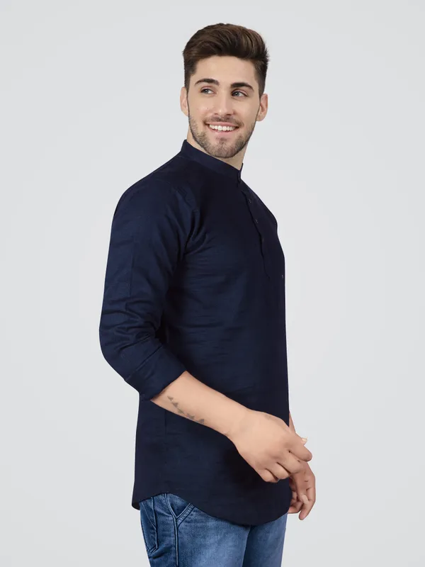 Men's_Navy_Cotton_Full_Sleeve_Short_Kurta_Shirt_with_Mandarin_Collar