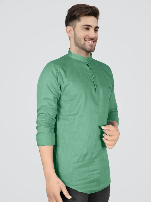 Men's_Green_Cotton_Full_Sleeve_Short_Kurta_Shirt_with_Mandarin_Collar