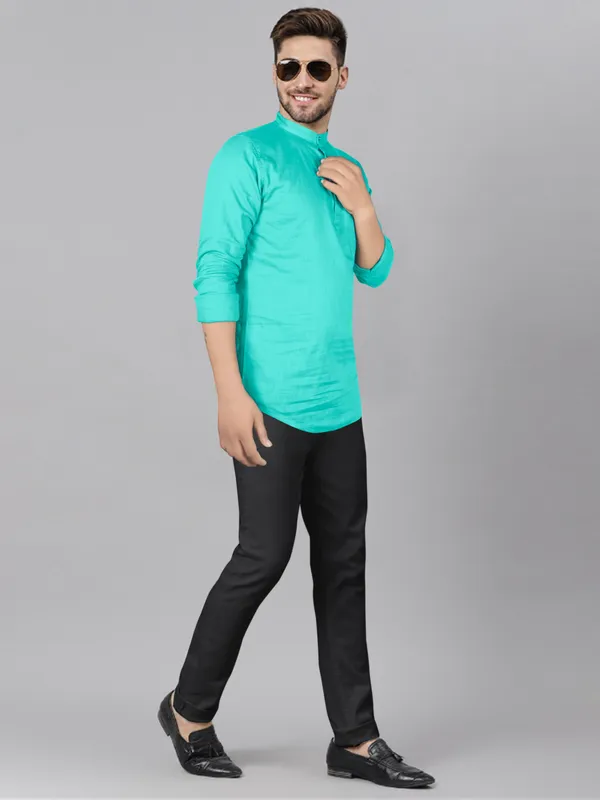 Men's_Blue_Cotton_Full_Sleeve_Short_Kurta_Shirt_with_Mandarin_Collar